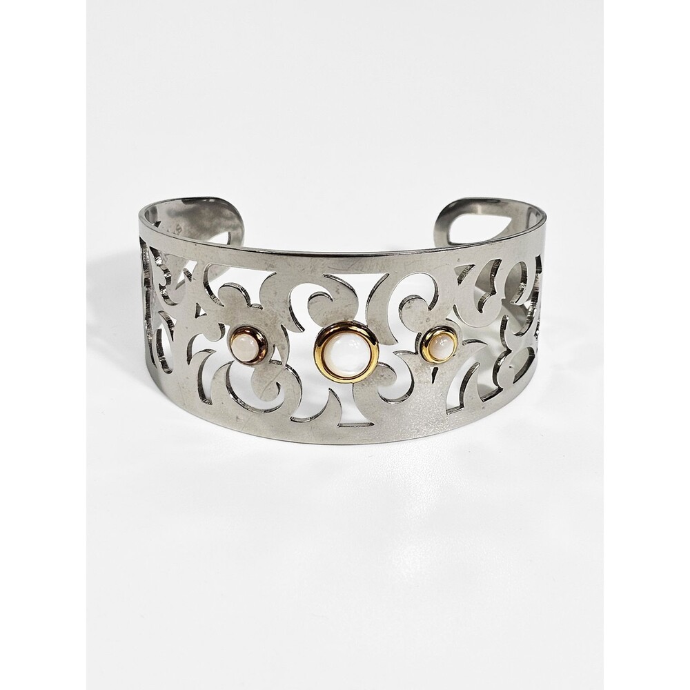 Milor Italy Stainless Steel Cutout Scroll Cuff Bracelet Mother of Pearl Vintage